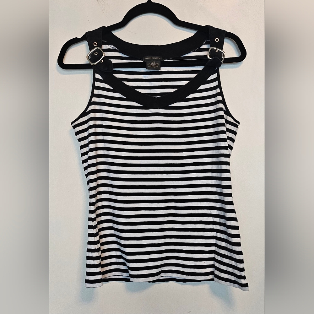 Fashion Essentials Black and White Striped Buckle Detail Scene Kid Tank Top